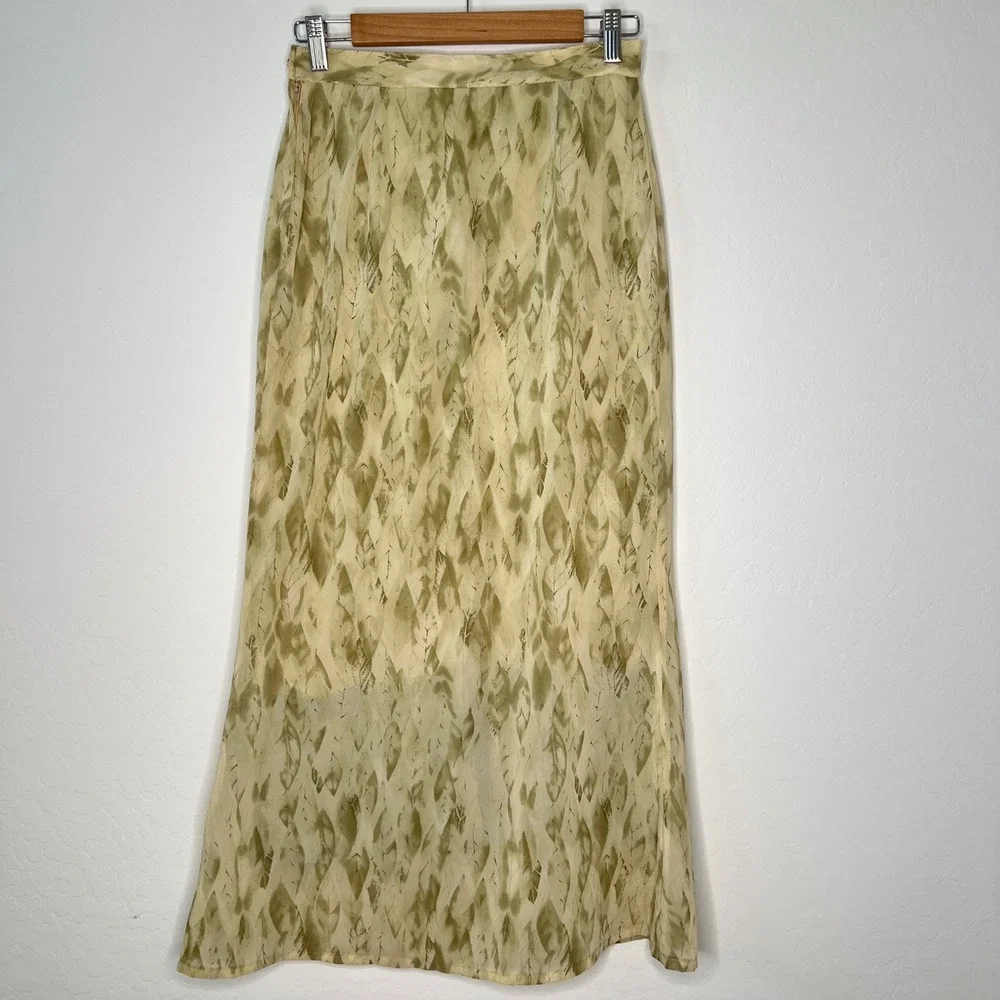 Kenzel Abstract Leaf Print Maxi Skirt Green Tan Lined Side Zip Womens 90s